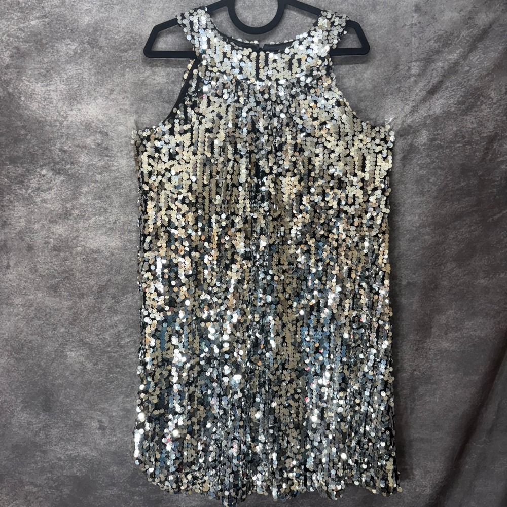Y2K IN Studio Silver Sequin Party Mini Dress Size 12 Sleeveless New Years Eve
